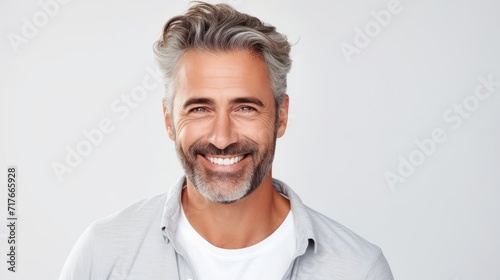 attractive middle aged man in white mock-up T-Shirt, looking into camera