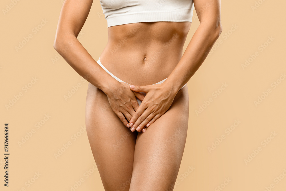 Women Health Concept. Unrecognizable Woman In Underwear Covering Her Panties With Hands