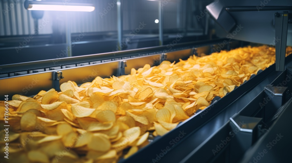 Potato chip production line at a food industrial plant. Filling machines for snacks, top view Potato chip production line at a food industrial plant. Filling machines for snacks, top view