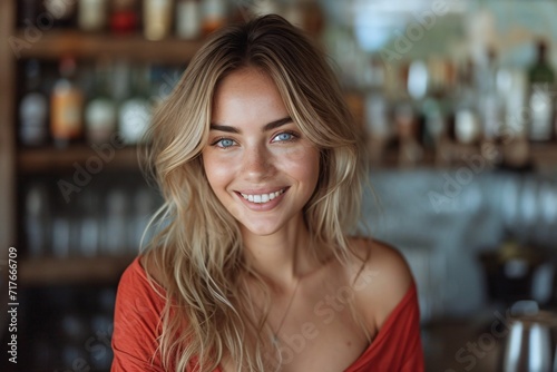 Blond Bombshell Smiles for the Camera in a Red Shirt Generative AI