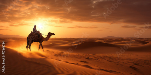 Camel caravan going through the Sahara desert by AI generate.