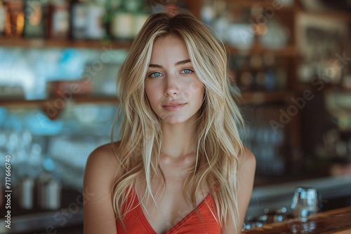 Blonde Bombshell in Red Tank Top Generative AI photo