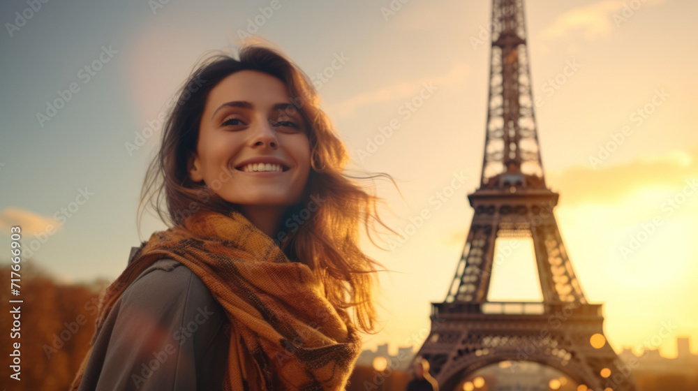 Young women excited with Eiffel tower at sunset in Paris the city of love by Ai generate.