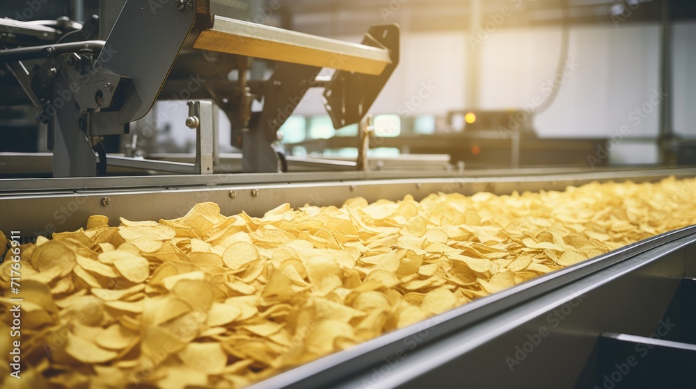 Potato chip production line at a food industrial plant. Filling machines for snacks, top view Potato chip production line at a food industrial plant. Filling machines for snacks, top view