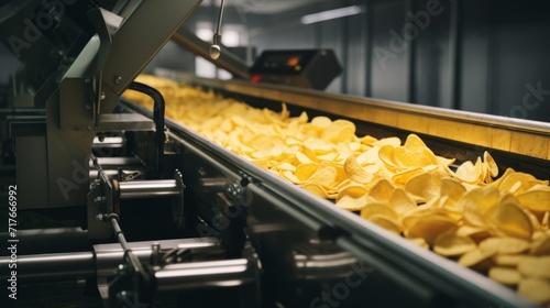 Potato chip production line at a food industrial plant. Filling machines for snacks, top view