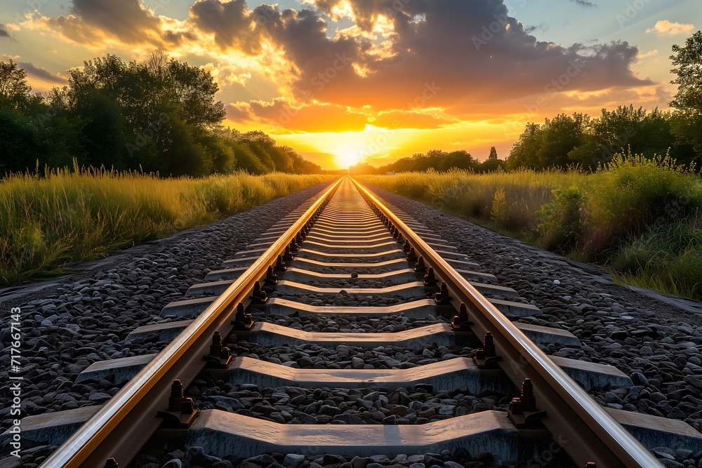 Obraz premium Railway Tracks Leading into the Horizon at Sunrise