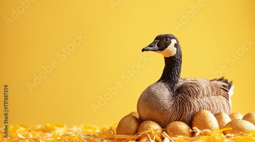 Goose sitting by golden eggs against yellow background photo