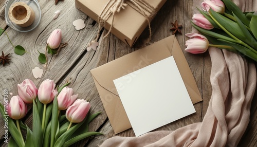 Mockup for a greeting card. Blank greeting card on a table with flowers. Valentine's Day, Birthday, Happy Women's Day, Mother's Day. Stylish invitation card layout, postcard, frame or banner template. photo