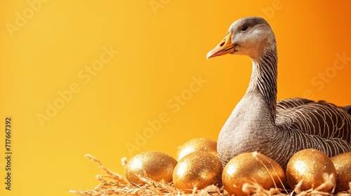 Goose sitting by golden eggs against yellow background photo