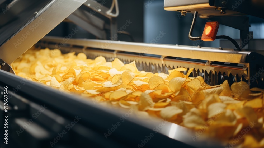 Potato chip production line at a food industrial plant. Filling machines for snacks, top view Potato chip production line at a food industrial plant. Filling machines for snacks, top view