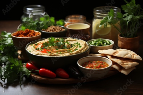 Middle Eastern hummus on a wooden table, on a dark background