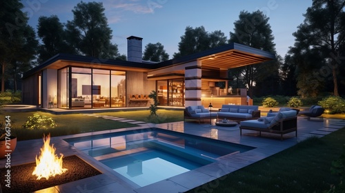 modern residential building with fire place and swimming pool in garden in the evening