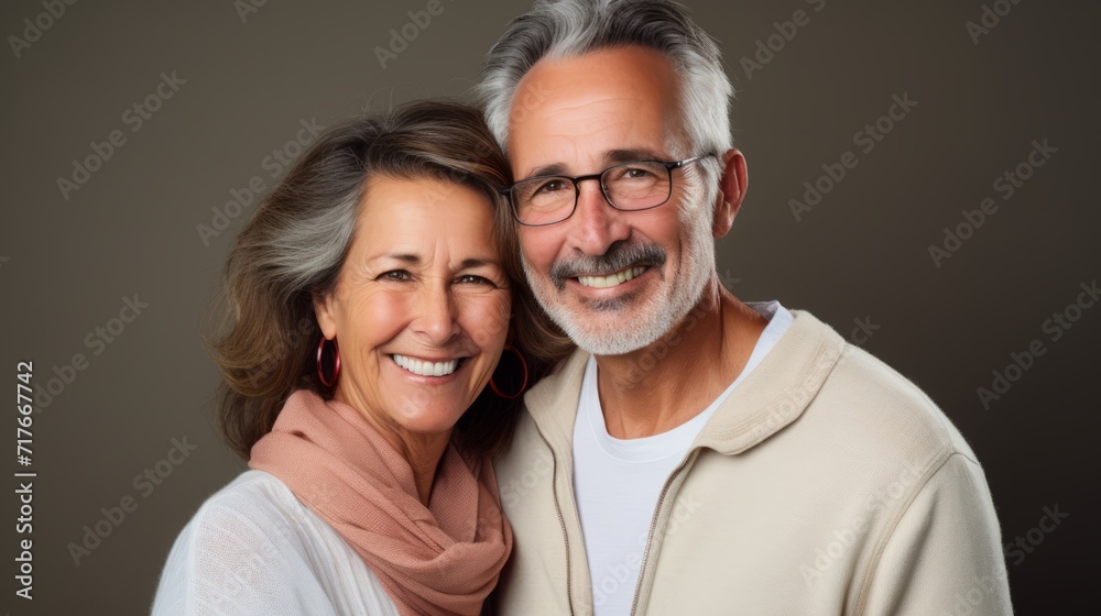 An older, middle-aged couple is happy, having fun and laughing indoor An older, middle-aged couple is happy, having fun and laughing indoor