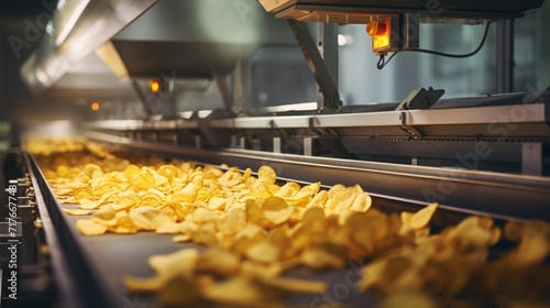 Potato chip production line at a food industrial plant. Filling machines for snacks, top view photo