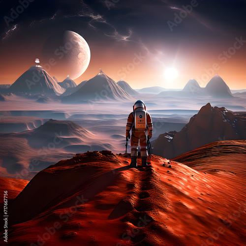 Lonely astronaut, stranded on Mars. A captivating image of isolation against the barren beauty of the red planet's landscape.