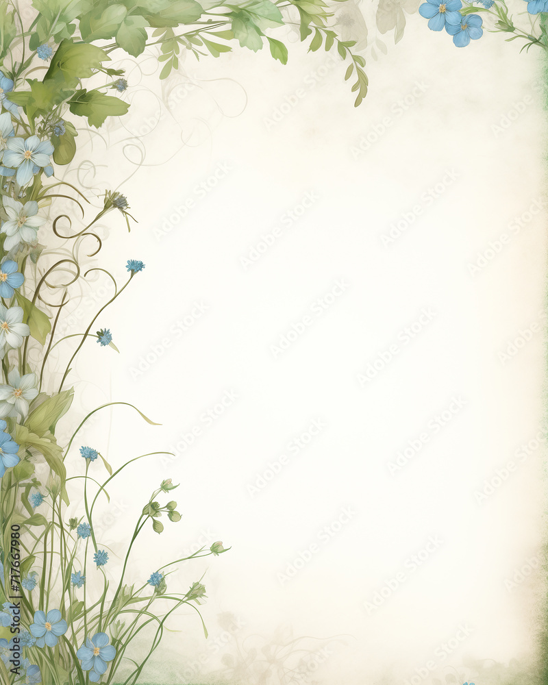 Fototapeta premium Boho postcard of forget-me-nots and wild leaves
