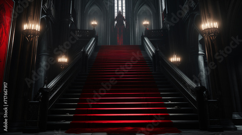 Red carpet at marble stairway luxury, Red carpet on the stairs on a dark background. The path to glory, victory and success
