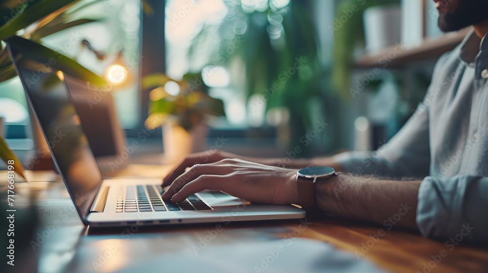 Close-up of a professional man typing with his hands on a laptop at home in an office setting Close-up of a professional man typing with his hands on a laptop at home in an office setting