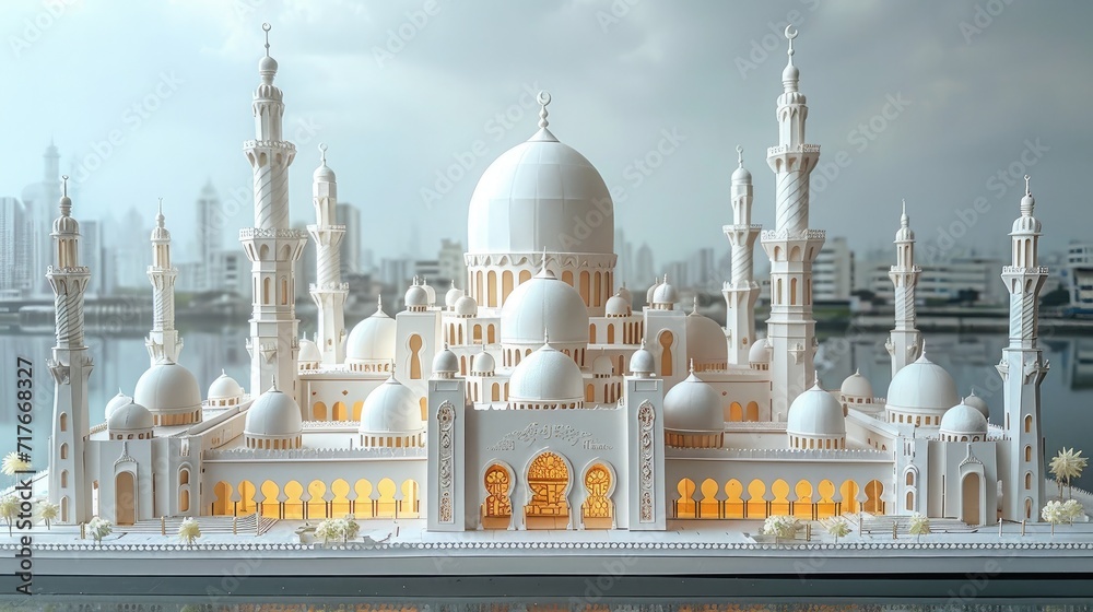 Obraz premium mosque with intricate paper-cut details. symmetrical perfection, elegant visual balance, and the play of natural light and shadows, all against a pristine white background.