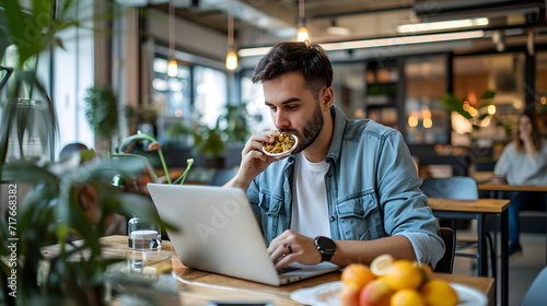 Concentrated man using laptop at work and eating food photo