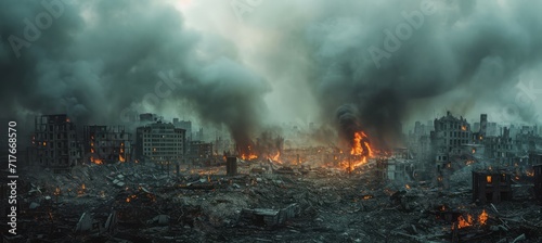 Post apocalypse city background after nuclear war. Destroyed city buildings. Generative AI technology.	
 photo