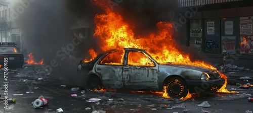 Burning car. Chaos riot political rebel protest. Generative AI technology.