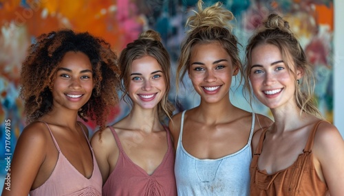 Smile Squad - A group of four beautiful women posing for a picture, each wearing a different color top, and all smiling brightly. Generative AI