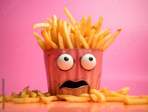 French fries cartoon character with very bright eyes on the pink background