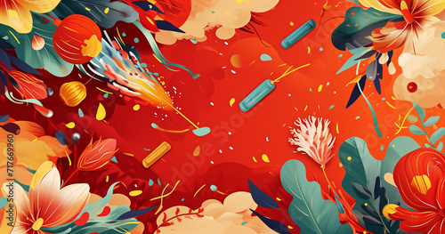 Lively Chinese New Year illustration featuring dynamic firecrackers, capturing the festive vibrancy and celebratory mood. The burst of colors symbolizes the energy and joy marking the onset of the Lun