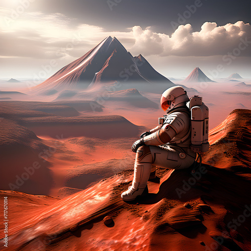 Lonely astronaut, stranded on Mars. A captivating image of isolation against the barren beauty of the red planet's landscape.