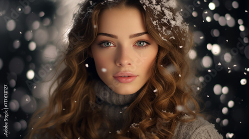 Girl stands in the snow, in the style of bokeh,winter clothing in a cold outdoors, portrait. Beautiful young woman in winter forest at daytime, A snowy setting