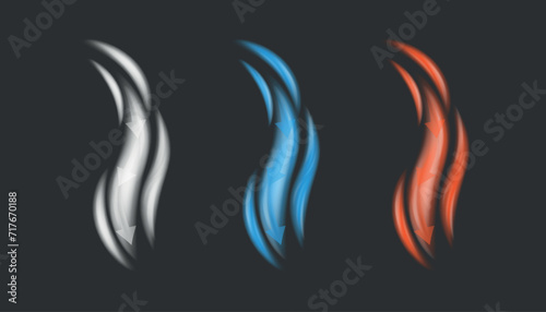 Set of abstract air light effects with arrows indicating the direction of air movement. Normal, cold and hot airflow