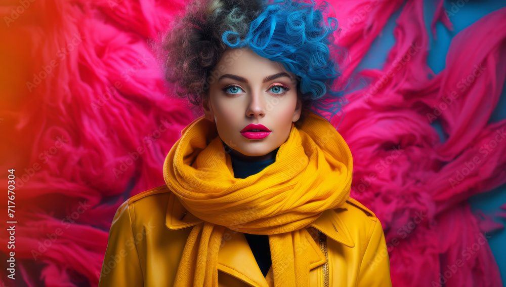 A woman in a yellow coat and wearing a warm blue scarf. Splash of intense color. casual clothes backpack bag isolated on plain yellow color background A woman in a yellow coat and wearing a warm blue scarf. Splash of intense color. casual clothes backpack bag isolated on plain yellow color background