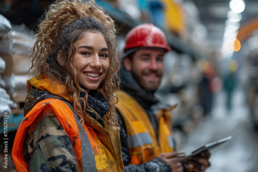Winter Workout: A Smiling Woman in a Vest and a Man in a Hard Hat Generative AI Winter Workout: A Smiling Woman in a Vest and a Man in a Hard Hat Generative AI