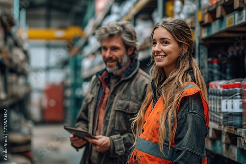 Smiling Woman in Orange Vest and Man in Brown Jacket in a Warehouse Generative AI