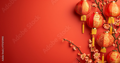 Lively Chinese New Year adorned with traditional decorations, showcasing the richness of cultural heritage through vibrant colors and symbolic elements. photo