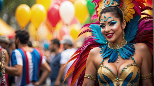 beutiful dancing and smilling Female wearing brazillian carnival costume photo