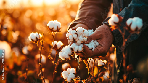 Farmer holding cotton flowers in the field. Selective focus. #717670996