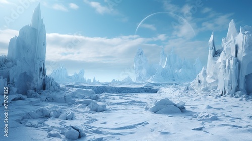Extraterrestrial landscape, alien planet in deep space in winter, generative AI