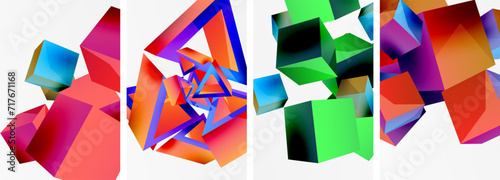 Flying 3d shapes, cubes and other geometric elements background design for wallpaper, business card, cover, poster, banner, brochure, header, website