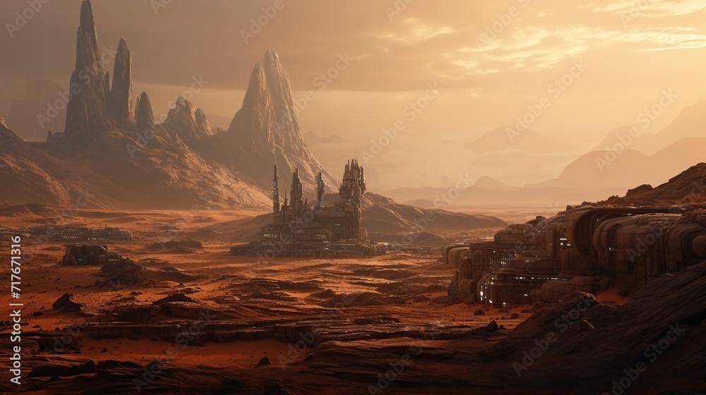 Landscape of unknown red planet surface with craters and mountains. Extraterrestrial landscape. 3D render. High quality generative ai. - obrazy, fototapety, plakaty 