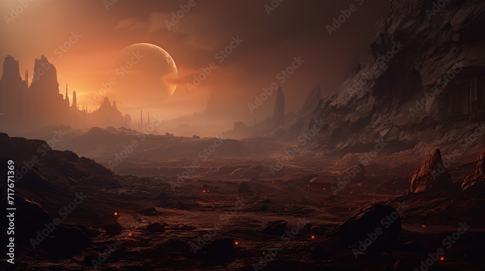 Landscape of unknown red planet surface with craters and mountains. Extraterrestrial landscape. 3D render. High quality generative ai.