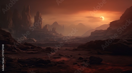 Landscape of unknown red planet surface with craters and mountains. Extraterrestrial landscape. 3D render. High quality generative ai. 