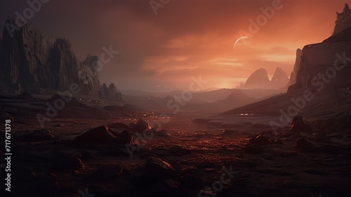 Landscape of unknown red planet surface with craters and mountains. Extraterrestrial landscape. 3D render. High quality generative ai. © Yuriy