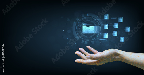 Document management system concept. Document management information system icon on the hand. organize, and manage digital documents. Centralized repository for storage, and distribution. photo