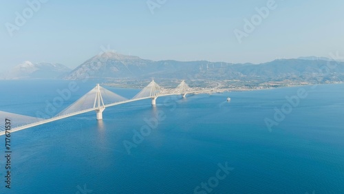 Patras, Greece. The Rio-Antirrio Bridge. Officially the Charilaos Trikoupis Bridge. Bridge over the Gulf of Corinth (Strait of Rion and Andirion), Aerial View