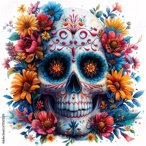 DÃ­a de los Muertos Skull with Flower Decoration Generative AI