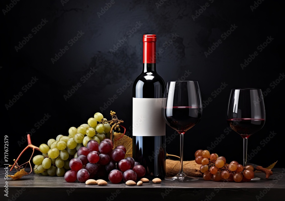 Obraz premium two bottles of wine and grapes on a background dark surface