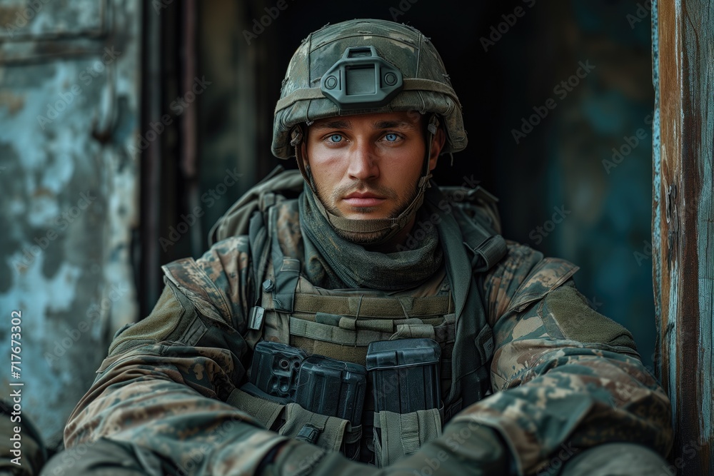 Soldier, a warrior's resolve. Soldier posing for the camera. Disruptive, emotional, dramatic.