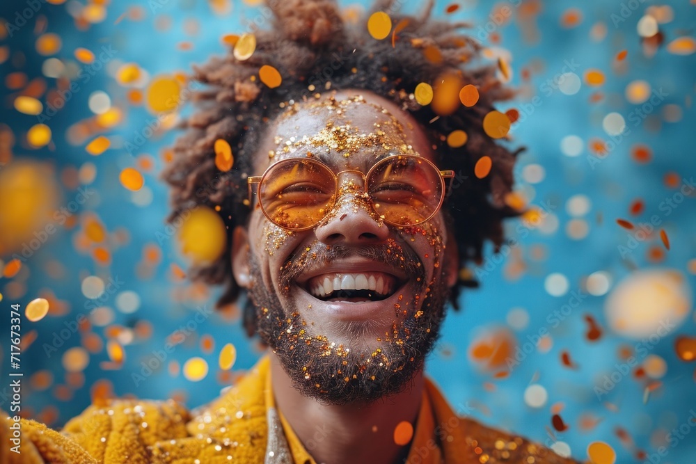 In a portrait filled with excitement, a stylish black man adorned in golden sprinkles enjoys a glittering confetti party.